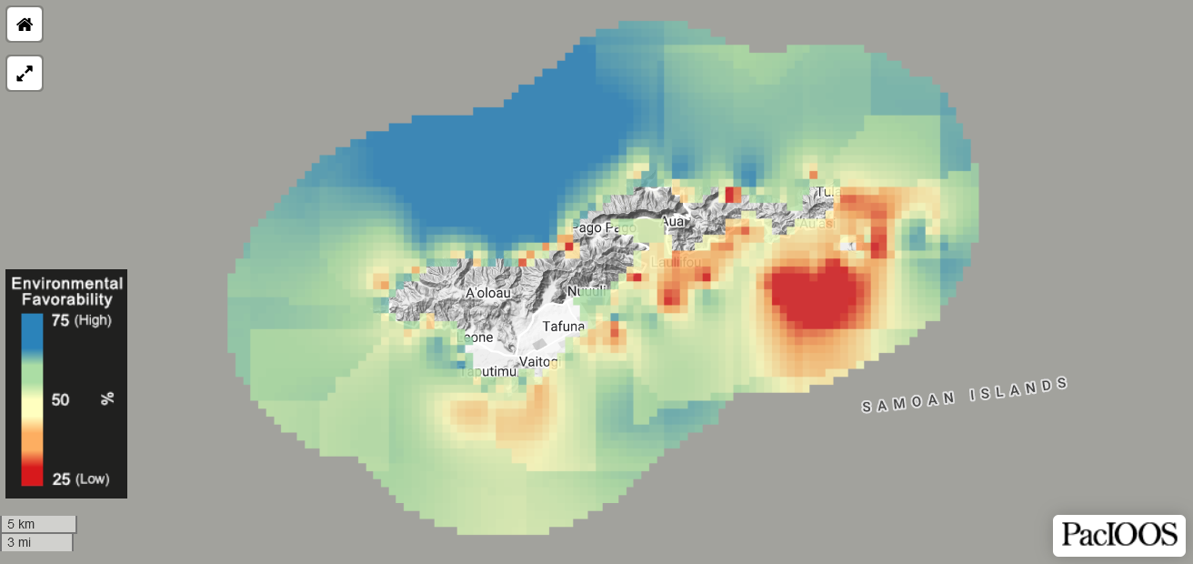 PacIOOS American Samoa environmental favorability map, 2023